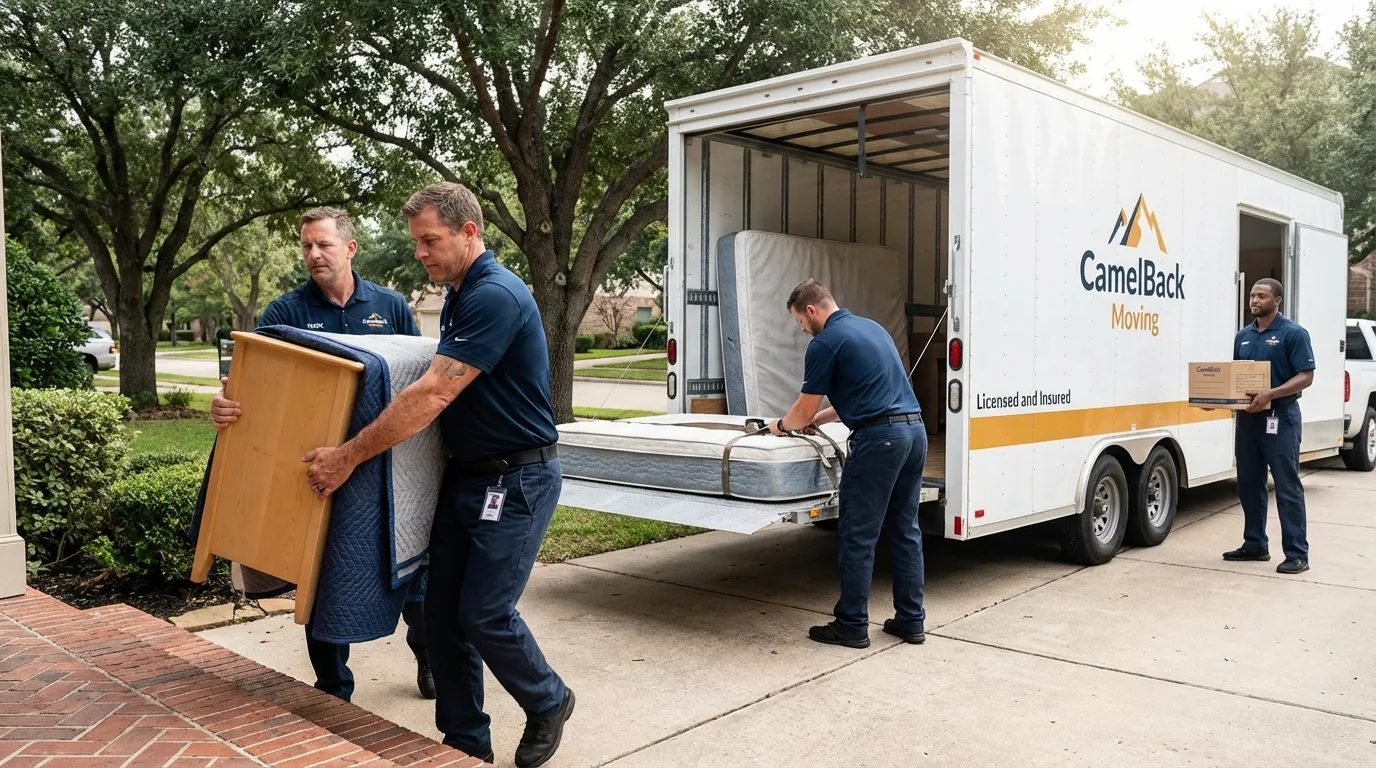 Crew loading residential truck for cross-state move from Eden Valley, MN