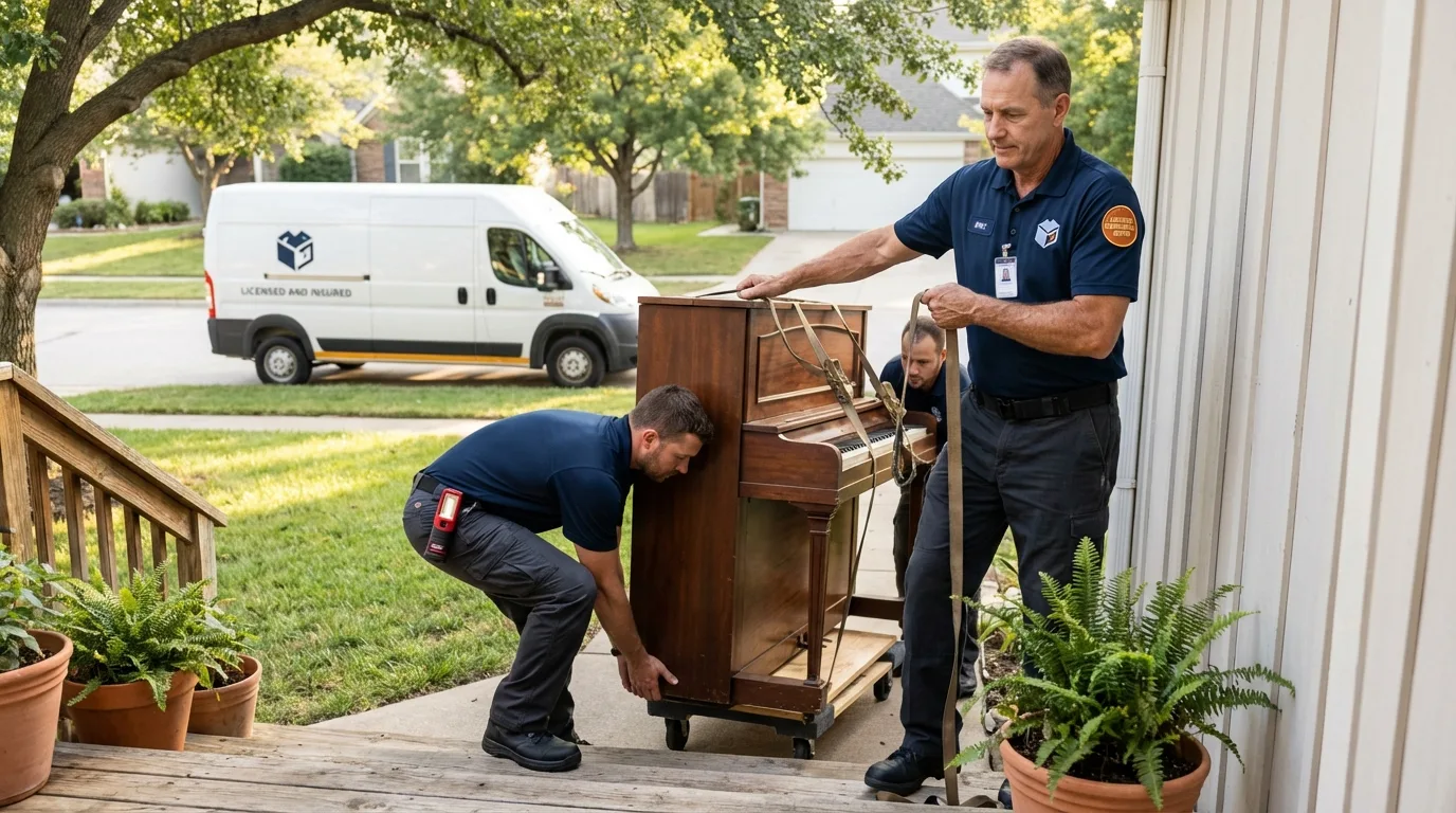 Licensed piano movers securing grand piano in Eden Valley, MN