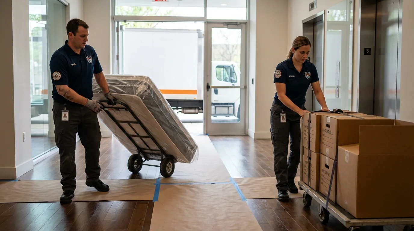 Professional apartment movers loading elevator in Eden Valley, MN