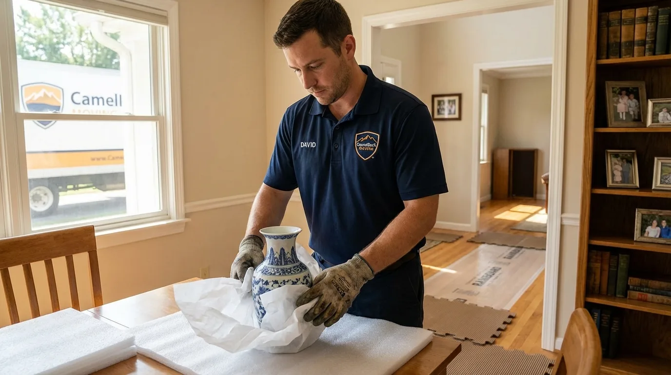 Professional crew carefully wrapping antique vase for senior downsizing move in Eden Valley, MN