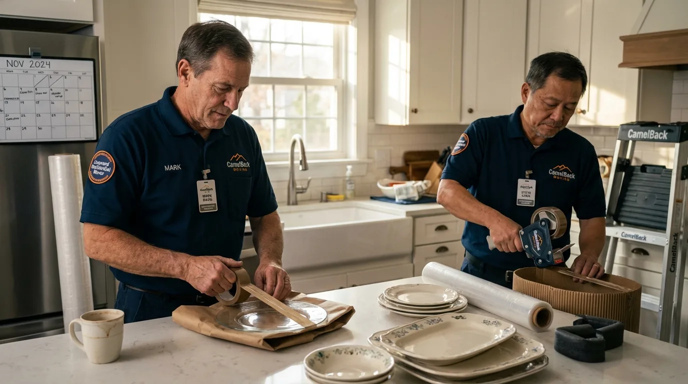 Professional crew packing kitchen dishware in Eden Valley, MN